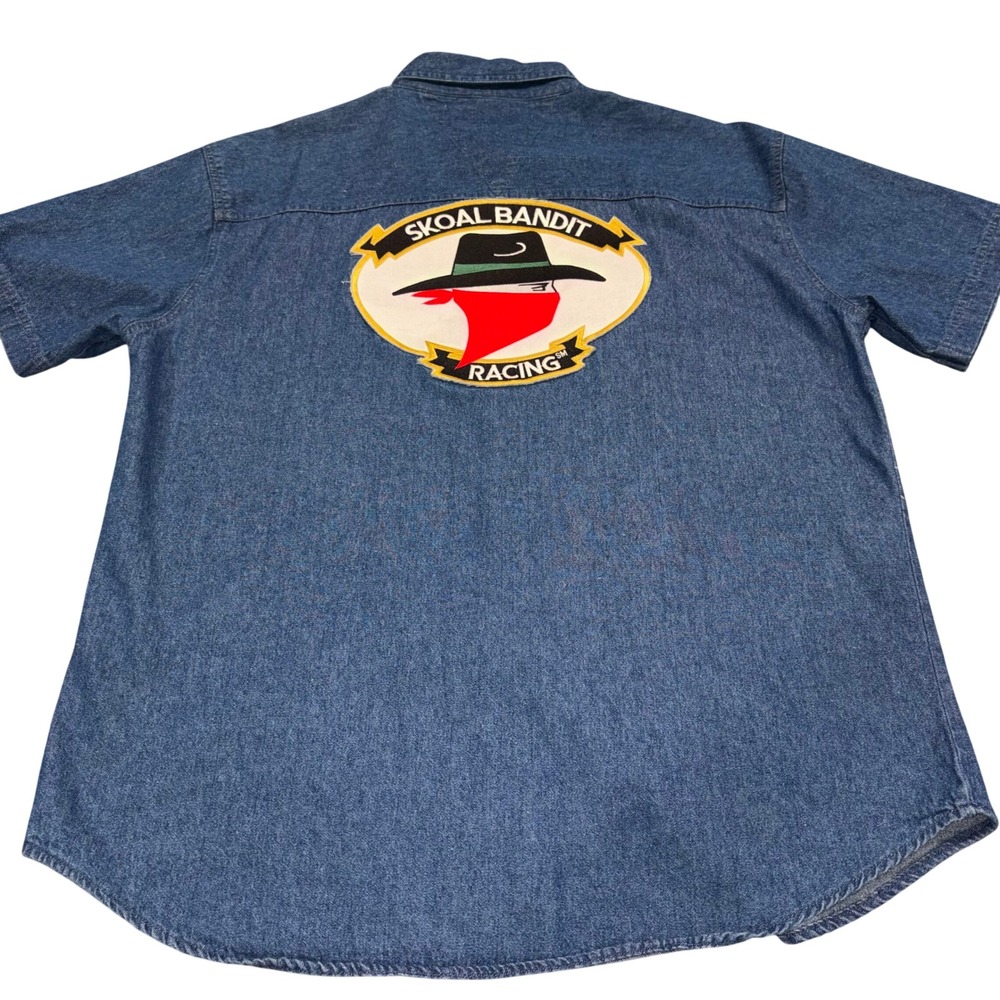 Vintage Skoal Bandit Racing Campus Denim Shirt Mens Large Short Sleeve